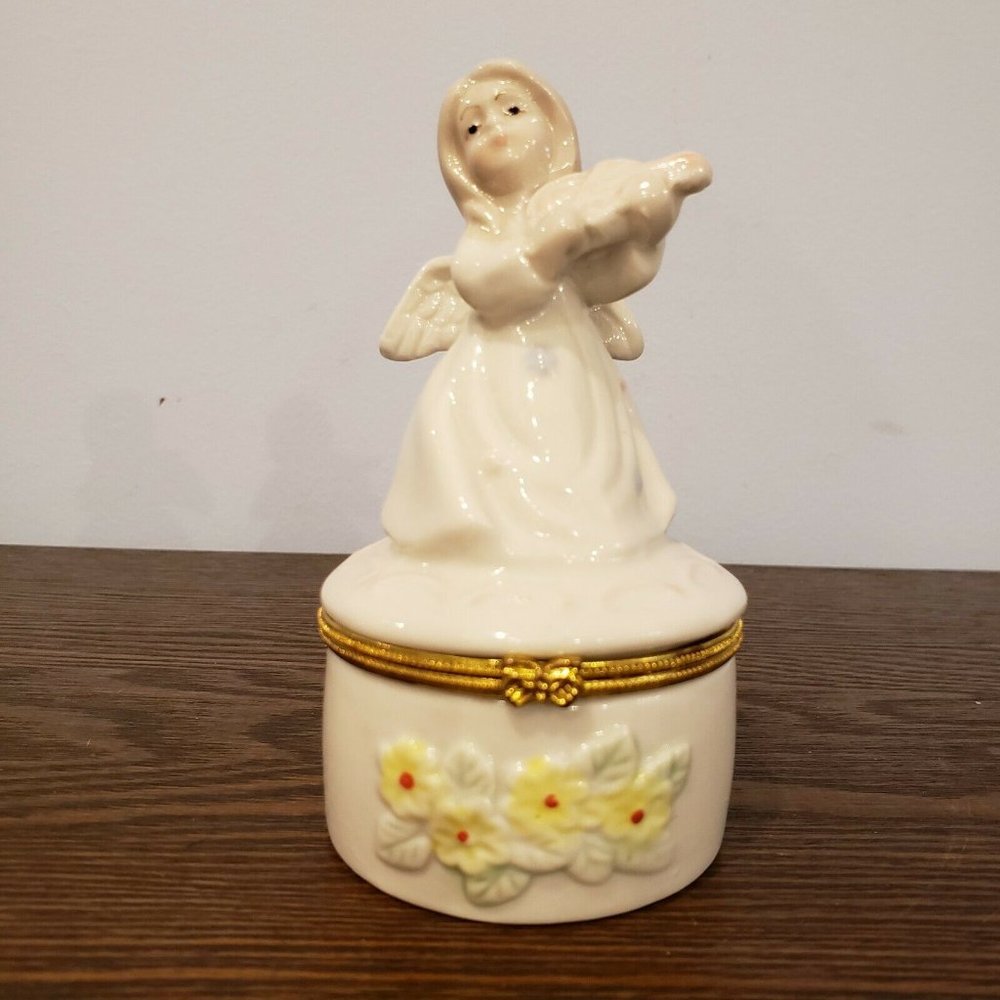 Ceramic Angel Playing Violin Porcelain Flower Hinged 4.5" Trinket Box